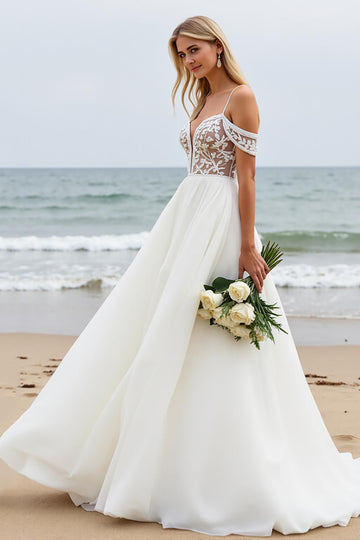 Ivory Sweep Train Chiffon A Line Cold Shoulder Wedding Dress with Lace Appliques
